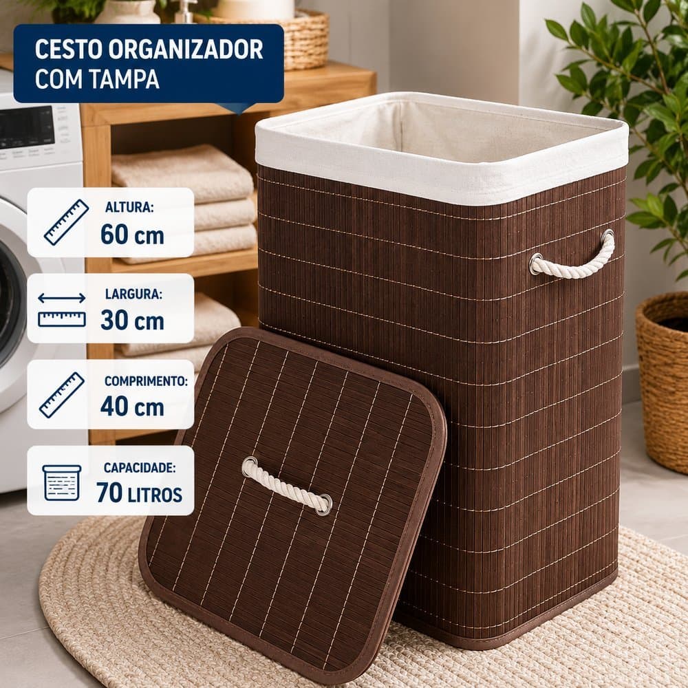 Cesto Organizador de Roupa Suja Material Bambu 70L Com Tampa e Alças p/ Lavanderia Banheiro Quarto Decorativo Marrom