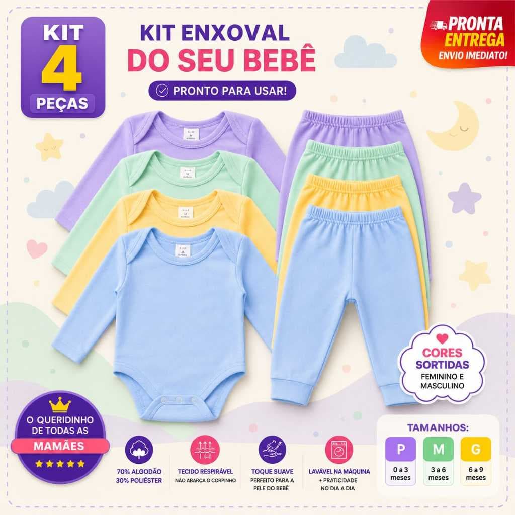 Kit 4 Peças Body Manga Longa + Mijão – Bebê Menina e Menino | Infantil Tecido Canelado