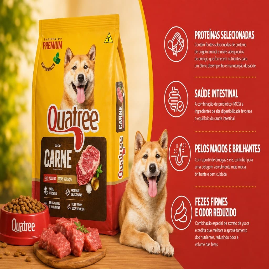 Ração Cachorro Adulto15kg Quatree Gourmet Todas Raças Sabor Carne 21% proteína