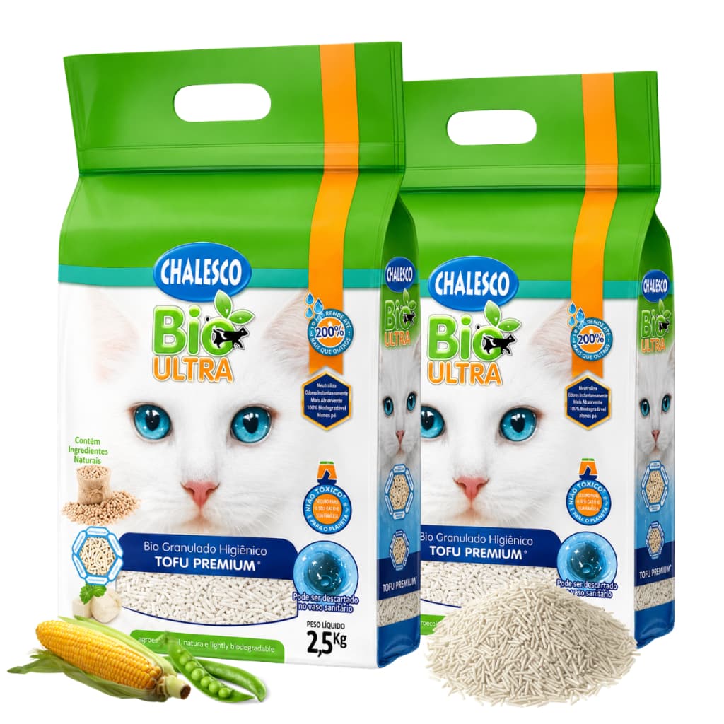 Areia Higiênica Biodegradável de Tofu para Gatos Bio Ultra Chalesco Granulado Premium Natural 2,5 Kg