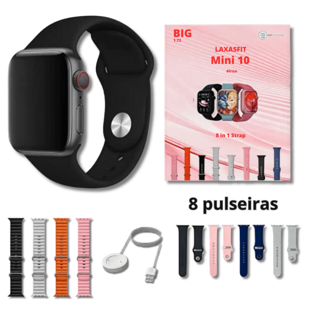 Relógio Smartwatch Mini 10 Infinit 8 Em 1 Laxasfit e 4 Pulseiras Ocean e 4 Lisas