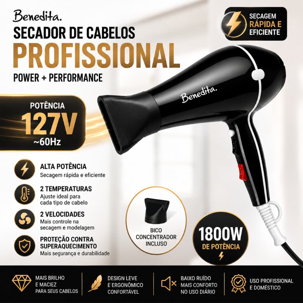 Secador De Cabelo Profissional Benedita 1800W Potente Com Bico Concentrador