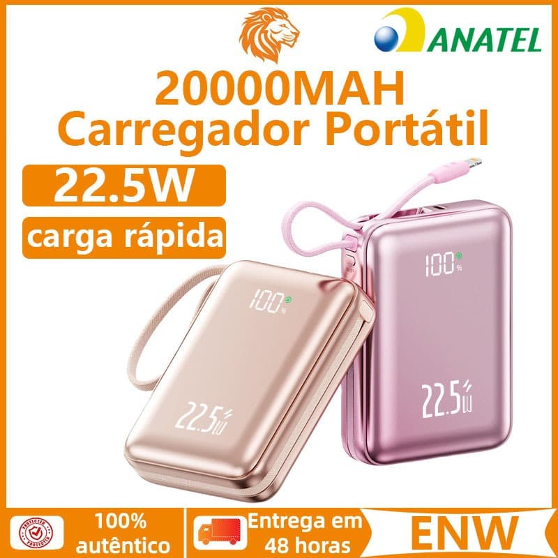 Carregador Portátil Celular 20000mah Power Bank PD 22.5W carga rápida com Cabos Embutidos