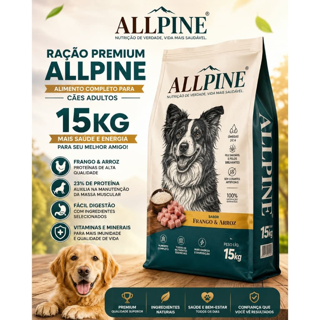 Ração Premium Especial Cães Adulto Todas as Raças ALLPINE FRANGO E ARROZ 15Kg - 23% Proteina