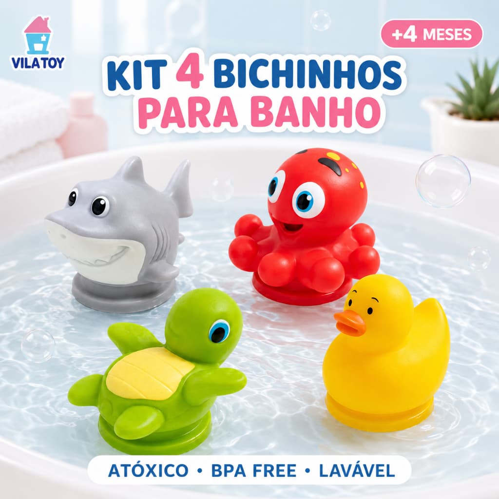 Kit 4 Bichinhos Banho Infantil Flutuante BPA Free Atóxico Anti Mofo Colorido Sensorial Banheira Piscina 6 Meses INMETRO