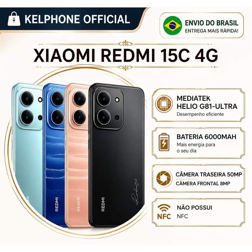 Original Xiaomi Redmi 15C 4G 8GB+256GB Helio G81-Ultra Tela 120Hz Câmera 50MP Bateria 6000mAh IP64 Smartphone
