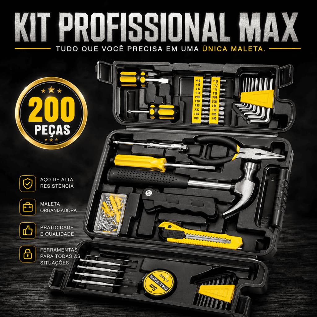 Kit Ferramentas 200 Peças Profissional Completo com Maleta Organizadora Resistente em Aço | Kit Profissional Max