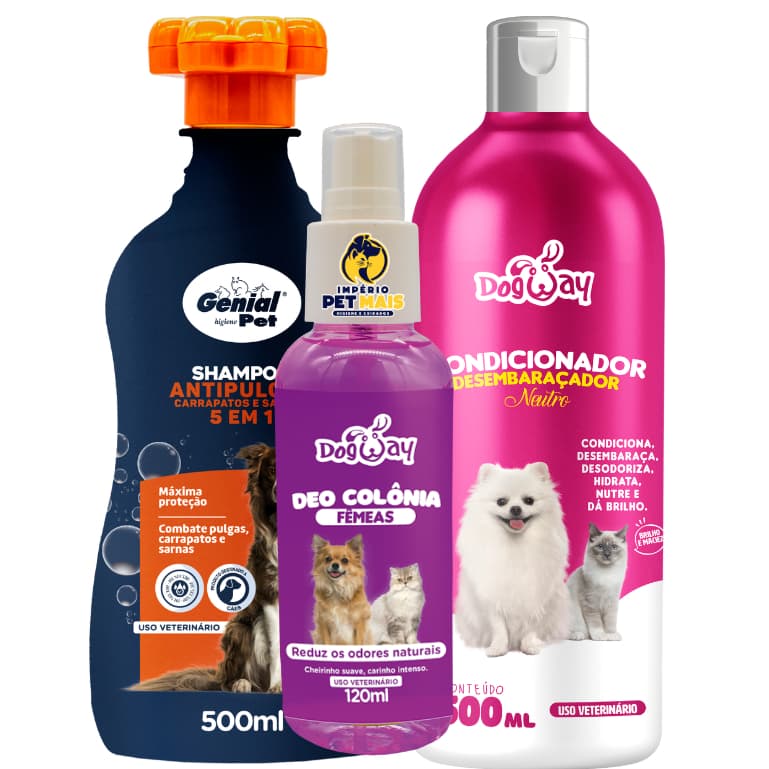 Kit Banho e Proteção Genial Pet - Shampoo Antipulgas + Condicionador + Colônia para Cães e Gatos