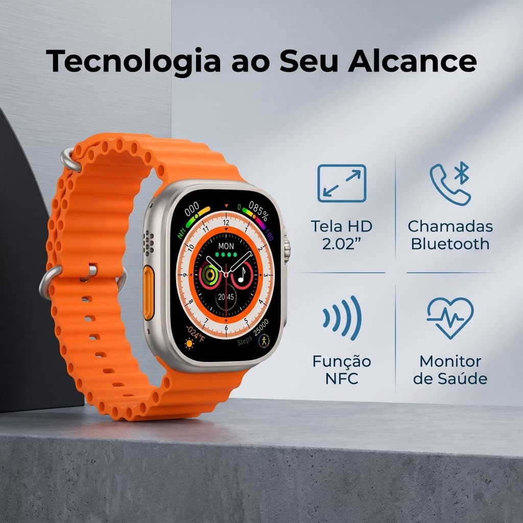 Smartwatch 49mm Tela 2.02” HD NFC Bluetooth Chamadas Relógio Inteligente Esportivo Monitor Cardíaco