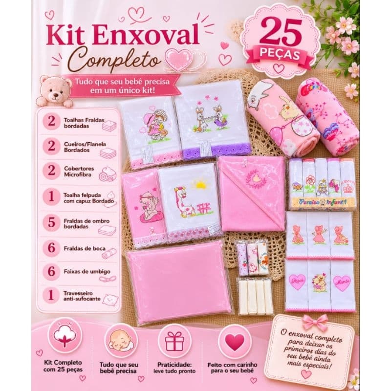 🏆 Kit Enxoval Luxo 25 Peças Bebê Menina Recém-Nascida – Fraldas Bordadas, Toalha com Capuz, Cueiro, Cobertor e Manta
