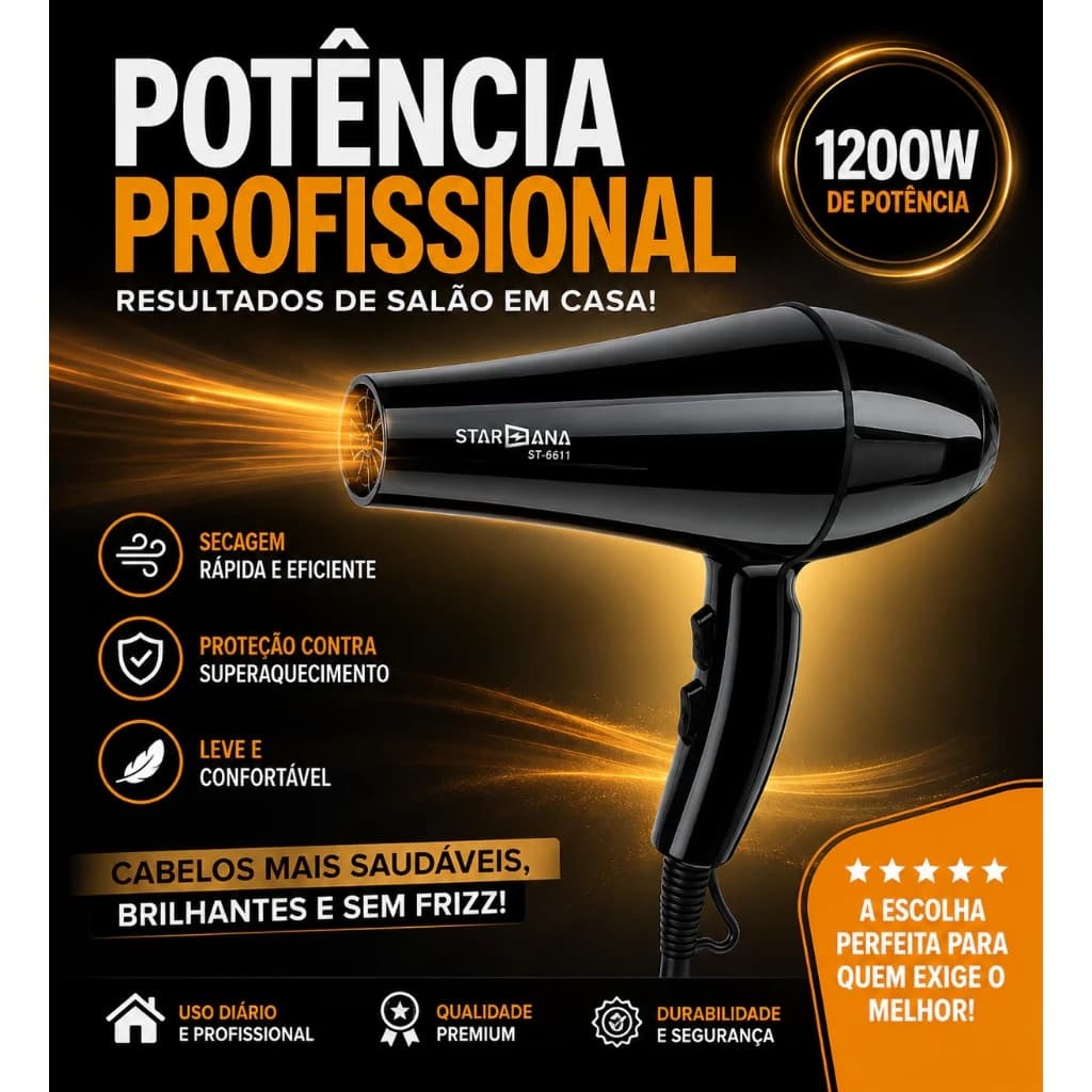 Secador De Cabelo Profissional 1200W Super Forte 127V/227V Com Cabo 2 Modos 1 Bico
