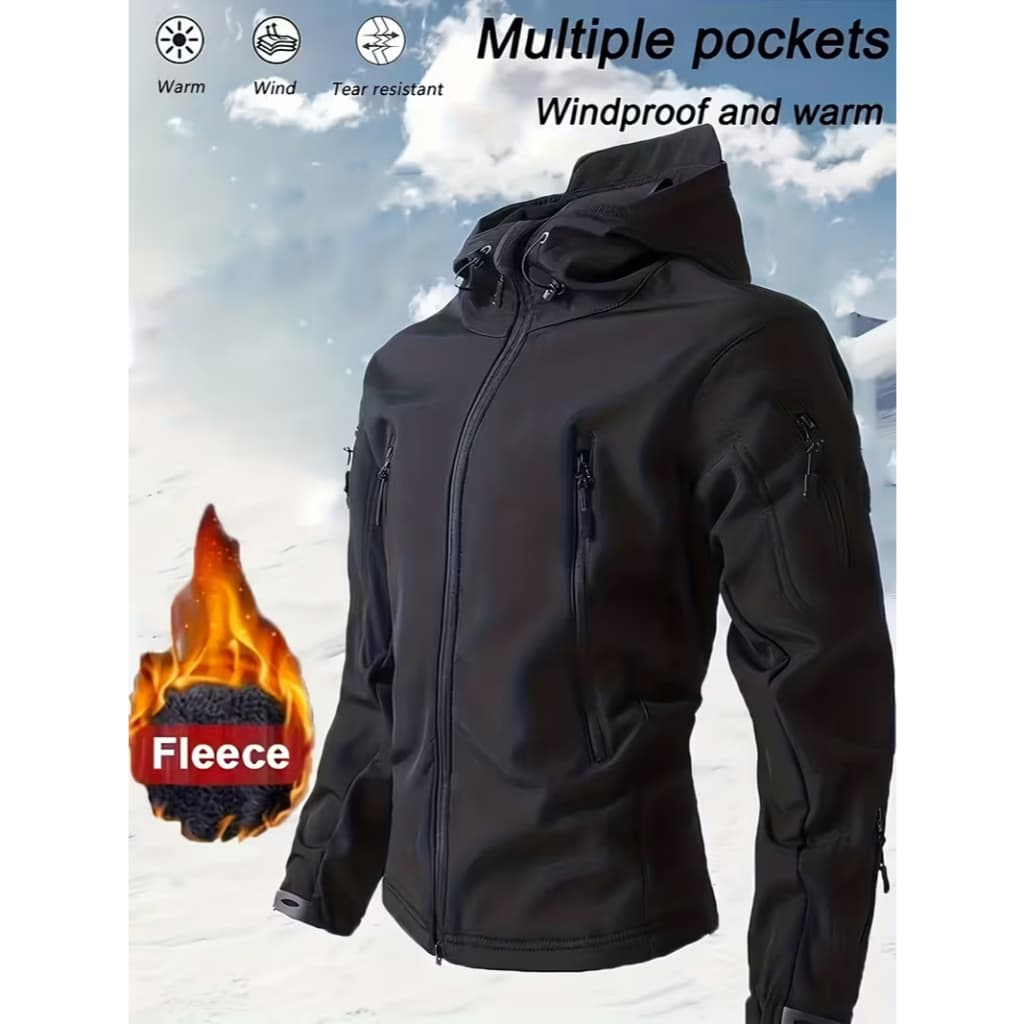 Jaqueta tática masculina de inverno com vários bolsos, zíper completo e capuz - Casaco softshell preto para atividades a