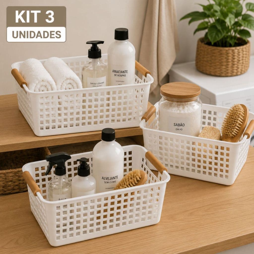 KIT 3 Cestos Organizador Multiuso com Alças de Madeira Organizador Banheiro Lavanderia Cozinha