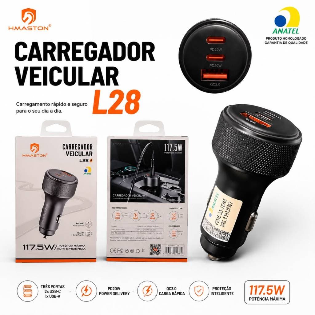 Carregador Veicular Turbo 117.5W USB-C PD + QC 3.0 Carregamento Rápido