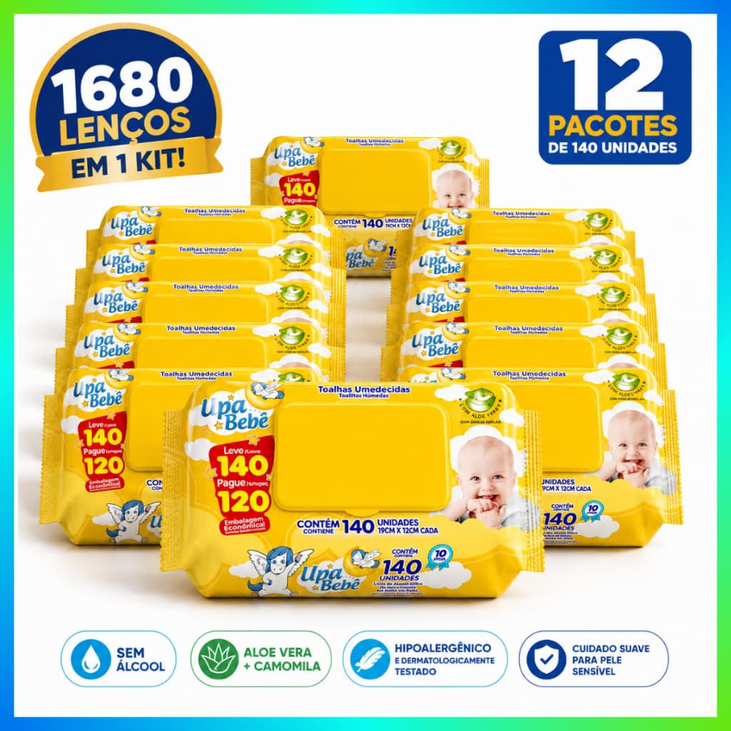 Kit 12 Pcts Lenço Umedecido Upa Bebê Tampa Fliptop 1.680 un. Atacado - Sem Álcool - Hipoalergênico
