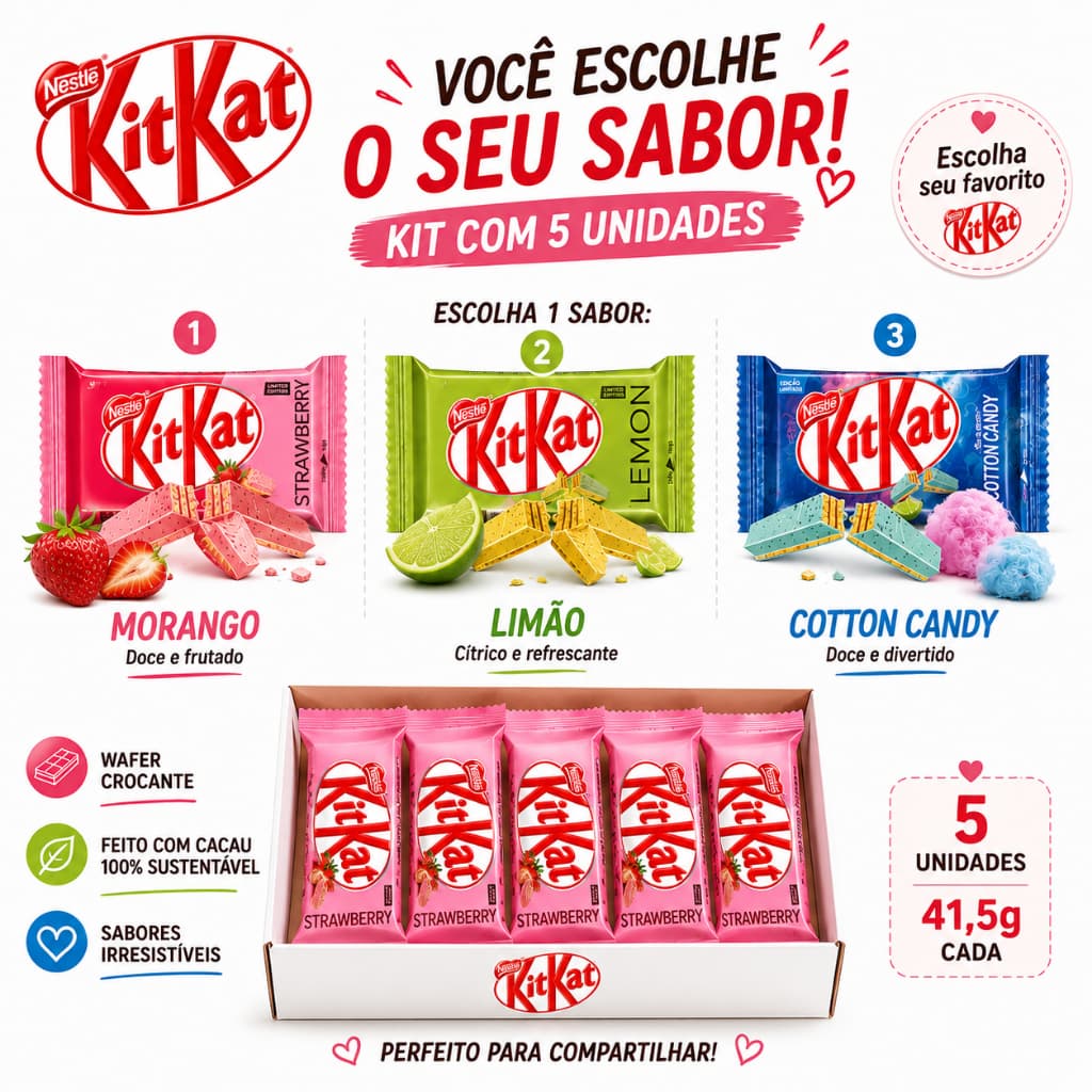 KitKat Importado 41,5g 5 unidades Escolha Seu Sabor Morango Limão Cotton Candy Original Nestlé