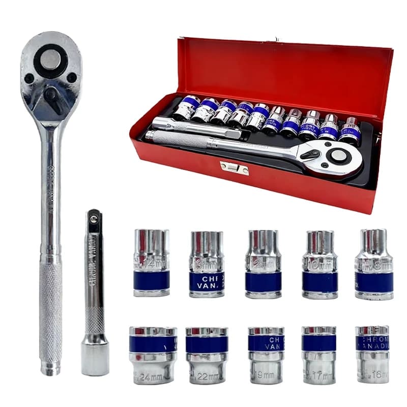 Jogo de Soquetes Sextavados 1/2" com Chave Catraca 12 Peças 8mm a 24mm Profissional