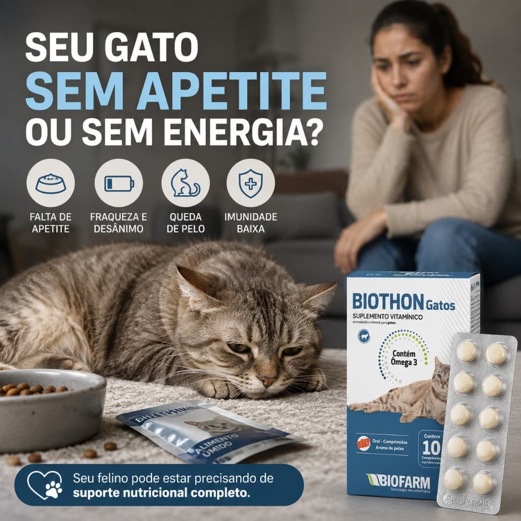 Biothon Gatos BioFarm Vitamina Felina Apetite Queda Pelo Energia Debilitado Imunidade 10 Comprimidos