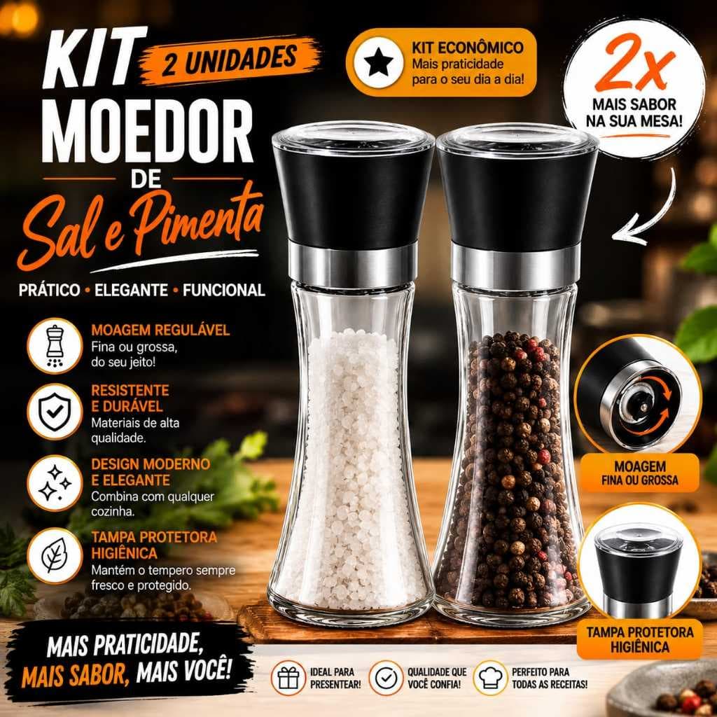 Kit Com 2 Porta Temperos Moedor de Sal Pimenta Condimentos De Vidro Não Quebra Moedor Sal Pimenta