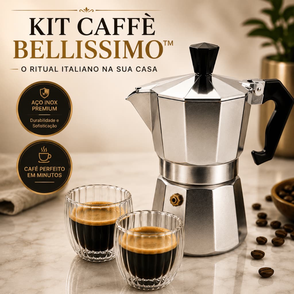 Cafeteira Italiana Inox 3 Xícaras Kit 2 Copos Borossilicato 90ml Café Expresso
