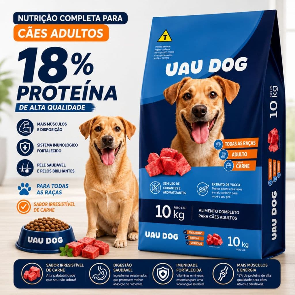 Ração Para Cachorro Adulto Uau Dog Carne 10kg Todas As Raças Alimento Completo Reduz Odor Das Fezes