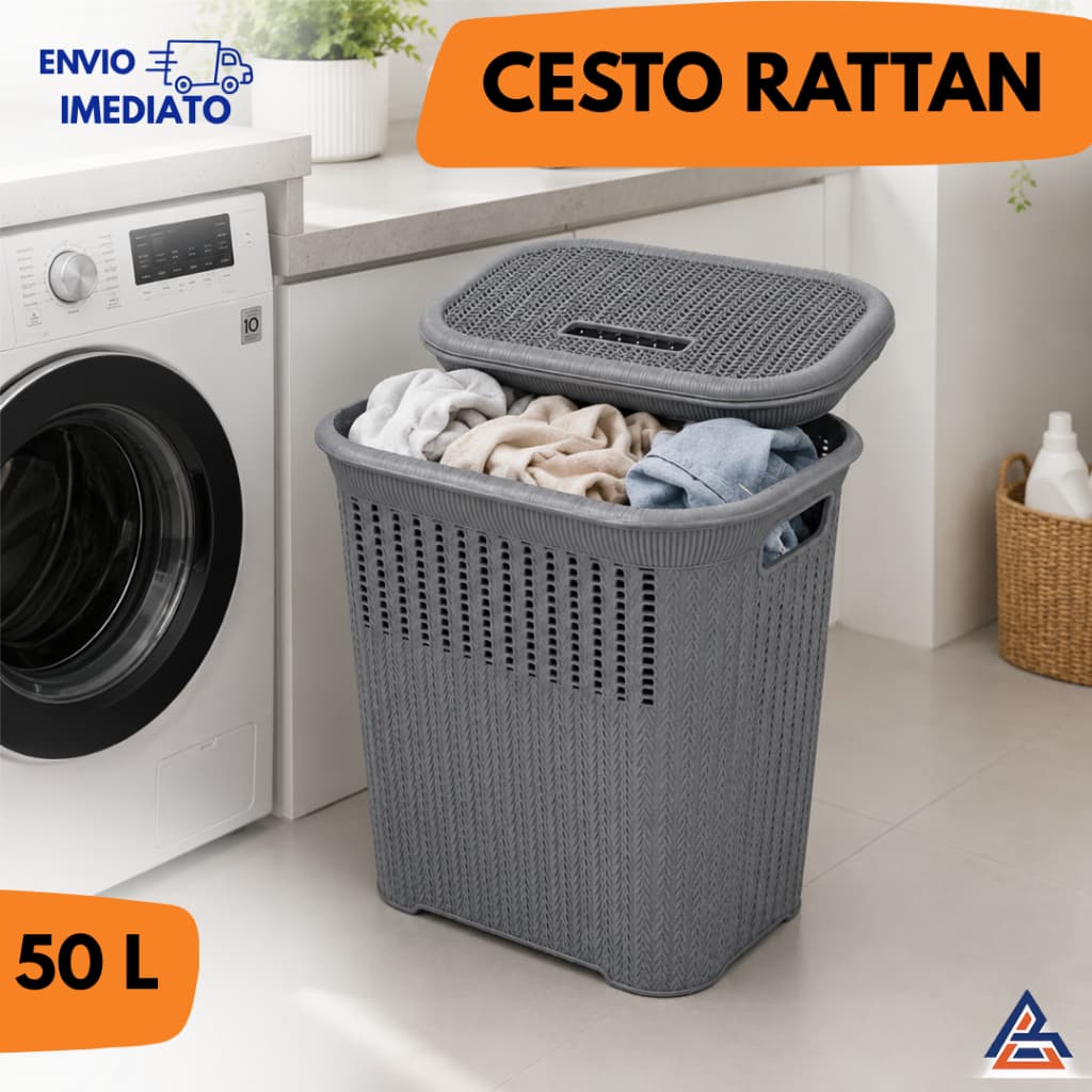 Cesto Rattan 50L com Tampa – Organizador Multiuso para Roupa, Banheiro, Lavanderia ou Escritório