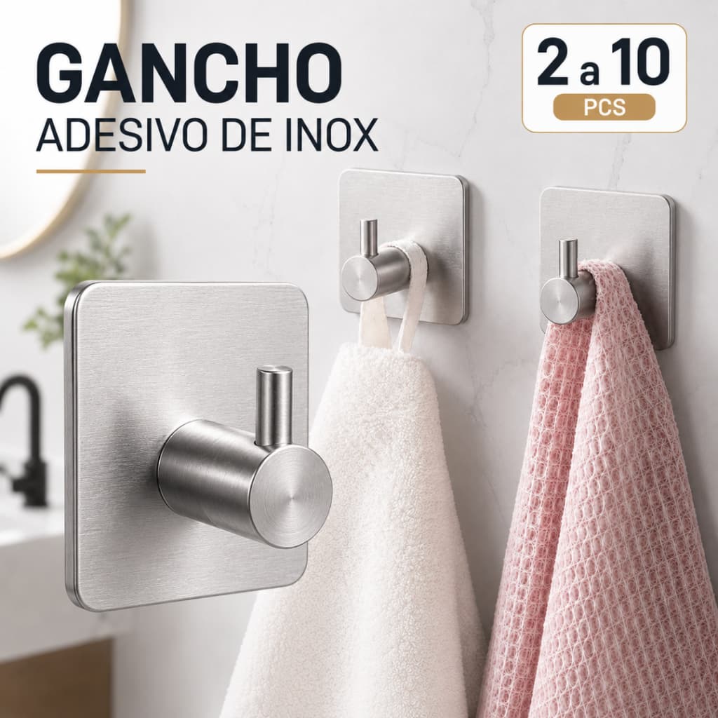 Gancho de Parede Adesivo Aço Inox 304 Kit Sem Furar 5kg Banheiro Cozinha Toalha Roupa Multiuso Forte