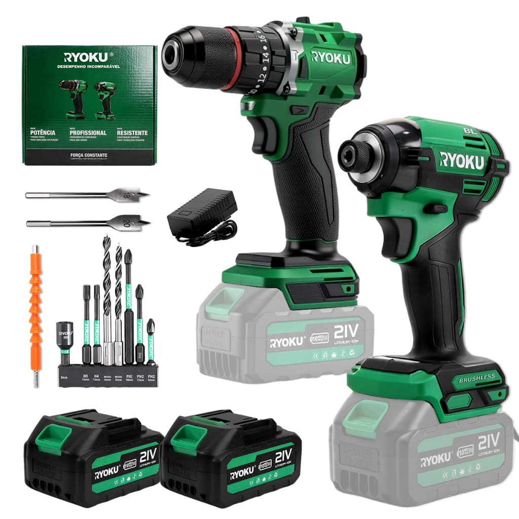 Kit 2 Furadeira E Parafusadeira De Impacto Brushless Ryoku 2 Baterias 21V