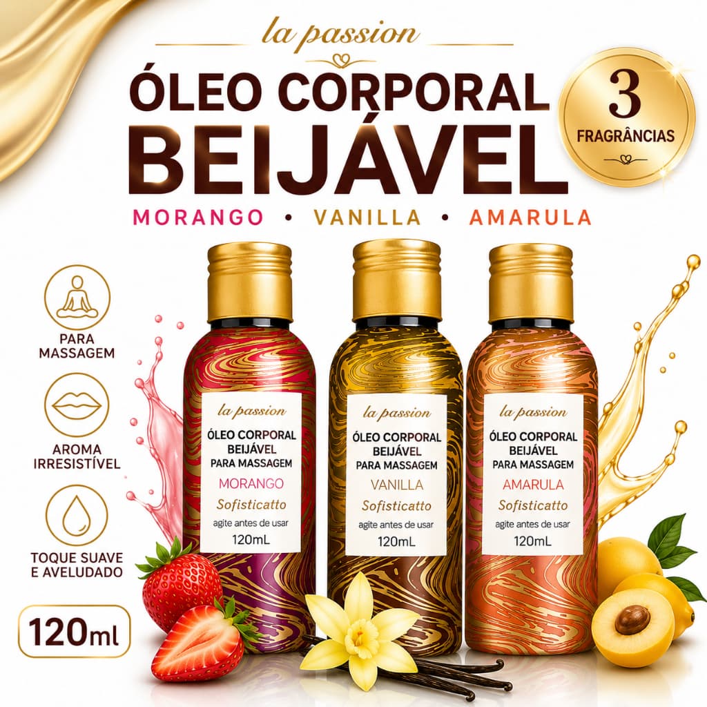 Óleo Corporal Beijável 120ml Morango Vanilla Amarula para Massagem Hidratante e Aroma Marcante