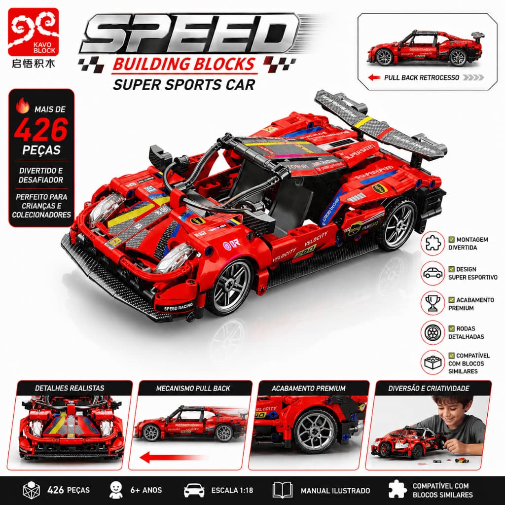 CARRO ESPORTIVO DE BLOCOS SPEED BUILDING BLOCKS 426 PEÇAS ESCALA 1:18 CARRINHO MONTAR IGUAL LEGO