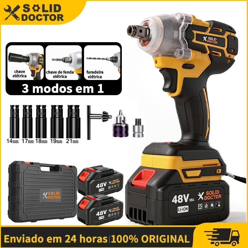 Solid Doctor Chave de Roda Carro Kit 3 em 1 Chave de Impacto Furadeira Parafusadeira 48V 2 Baterias