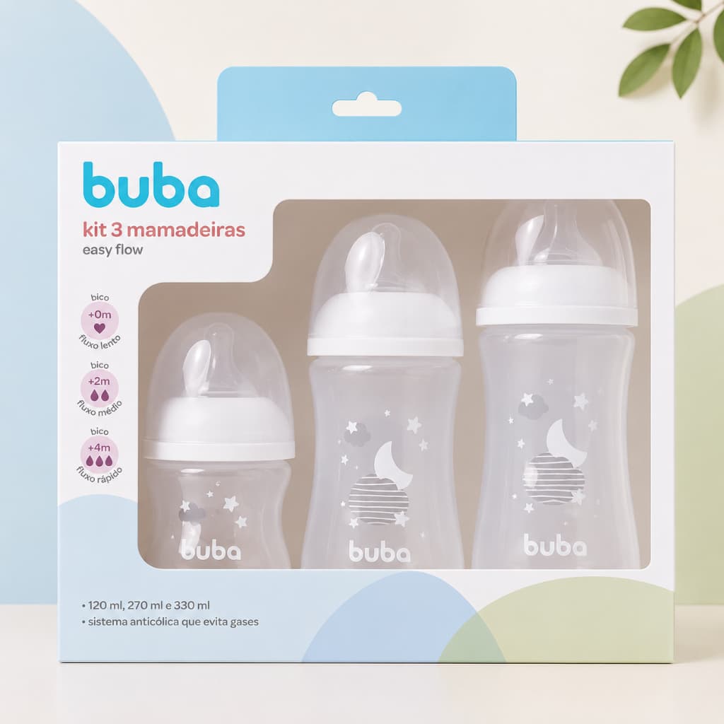 Kit Mamadeiras Buba Easy Flow Nuvem Branca – Conforto no Dia a Dia