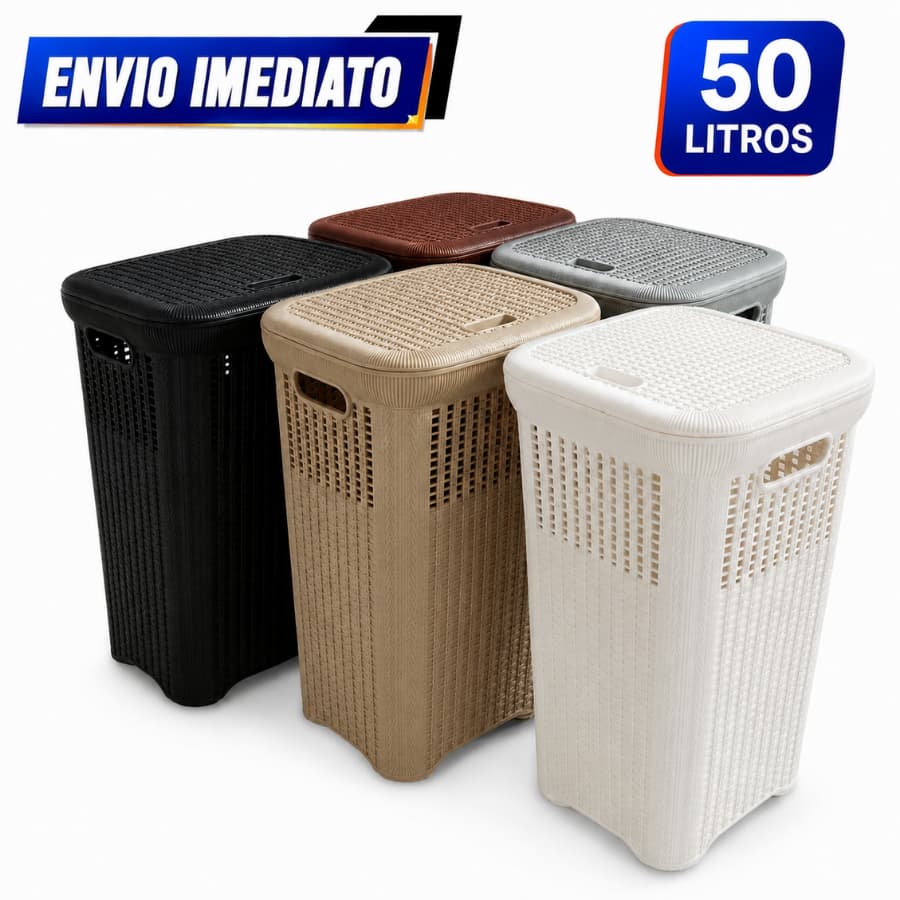 Cesto Rattan 50L com Tampa Organizador de Roupas Lavanderia Banheiro Quarto