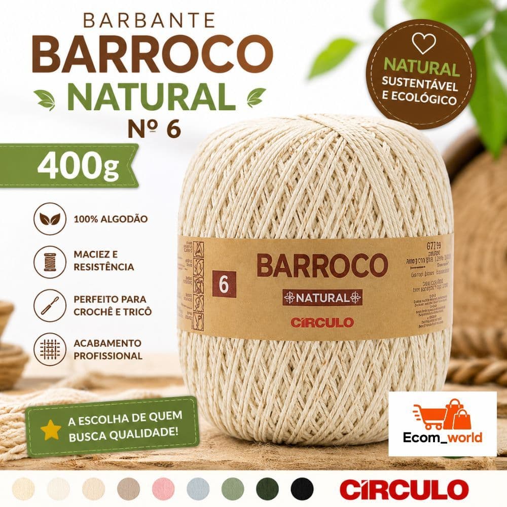 Barbante Barroco Natural 6, 400g Círculo, Fio 100% Algodão Para Crochê,Tapetes, Sousplat, Tricô e Artesanatos em Geral.