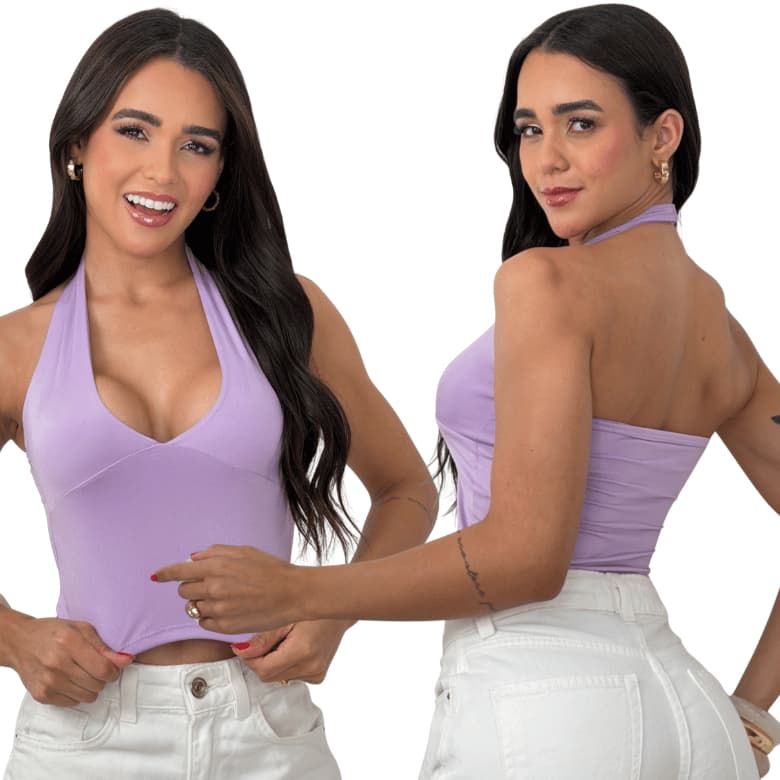 Blusa Feminina Top Halter Cropped Decote Frente Unica Academia Para Malhar Costas Nua