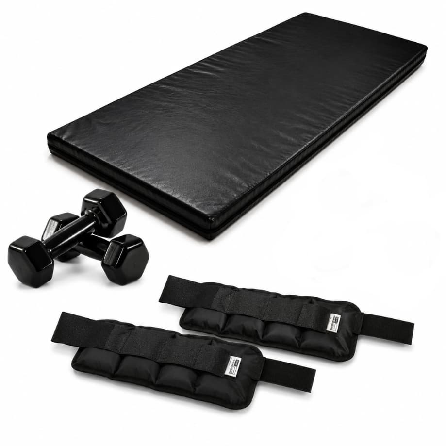 Kit Fitness Treino em Casa Colchonete Academia 90x40x3+ Par de Halteres Sextavado Emborrachado 3kg+ Par de Caneleira 3kg
