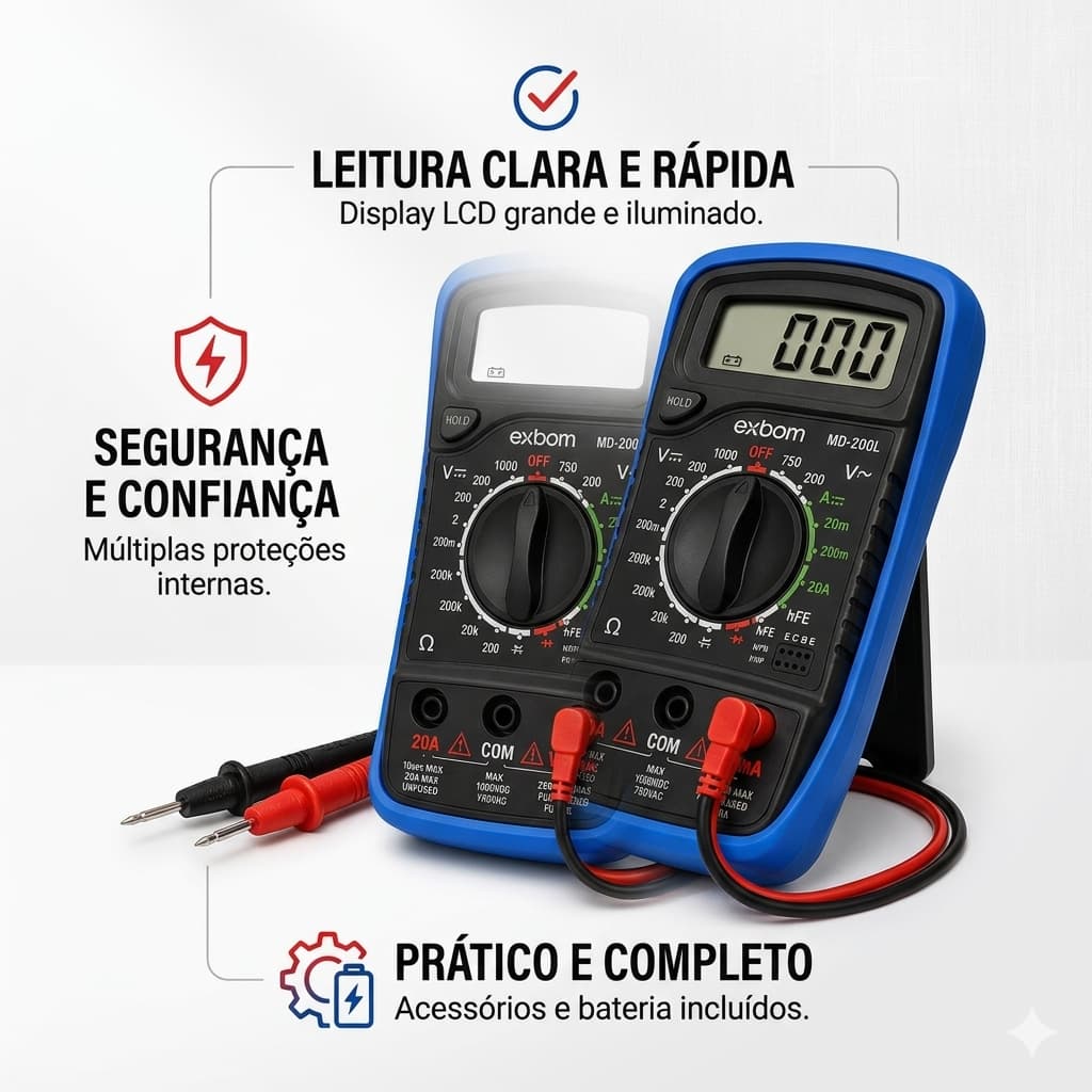 Multímetro Digital Exbom MD-200L LCD Profissional Voltímetro Amperímetro 20A Continuidade