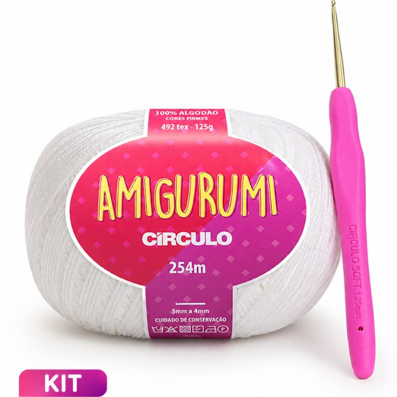 Kit Agulha Crochê Soft Círculo Ergonômica Alumínio + Linha Amigurumi 125g 254m 100% Algodão Criativo