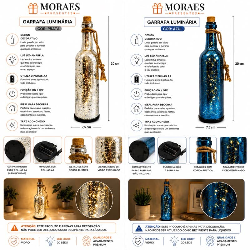 Garrafa Luminária LED Decorativa 20 LEDs Vidro Luz Amarela Decoração Pilha Azul e Prata