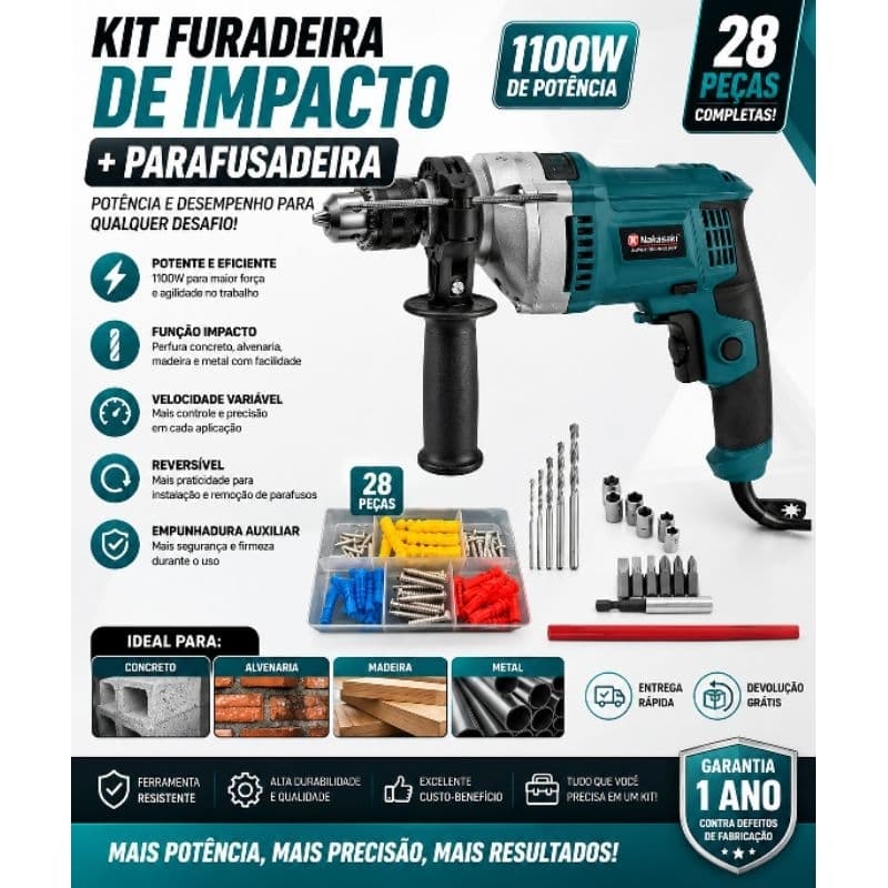 Kit Furadeira +Parafusdeira1100w de Impacto Mandril de 1/2 Parafusadeira Reversivel Maleta + Kit Completo ENVIO IMEDIATO
