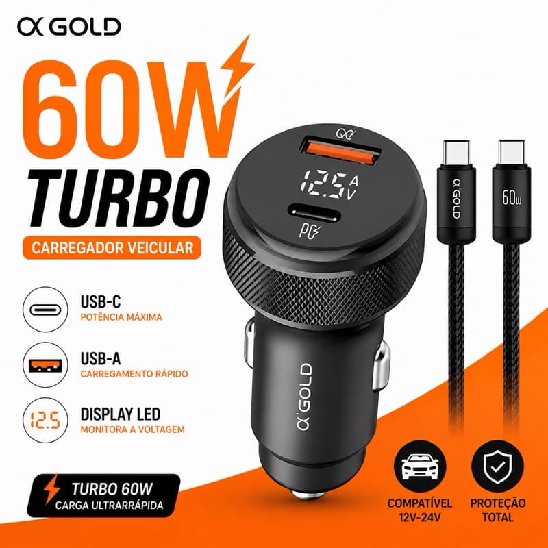 Carregador Veicular 60W Turbo USB e Tipo C com Cabo Fonte Carro Automotivo
