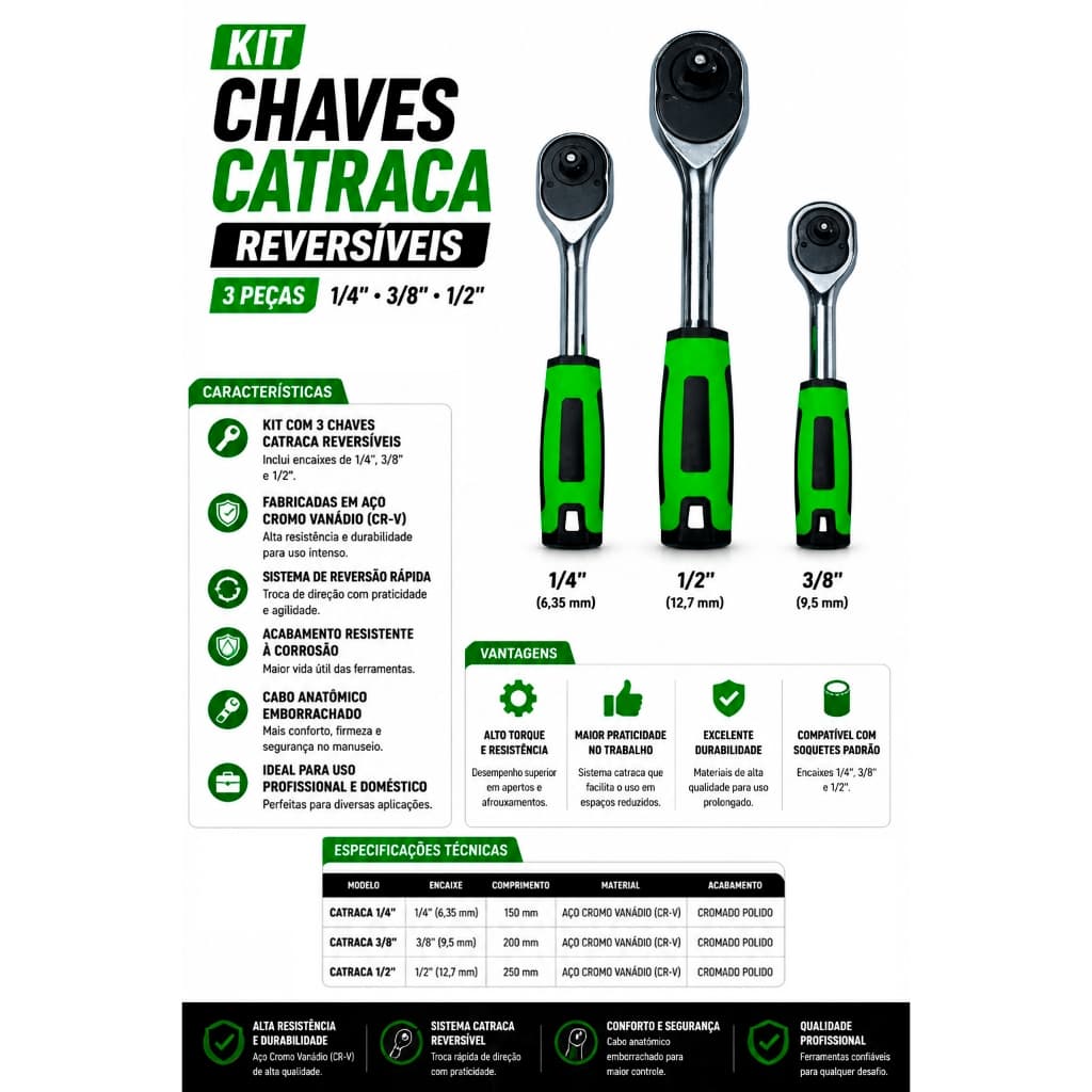 Jogo 3 Chave Catraca Soquete Reversível 1/4 1/2 3/8 Ferramenta Resistente Torque Mecânica