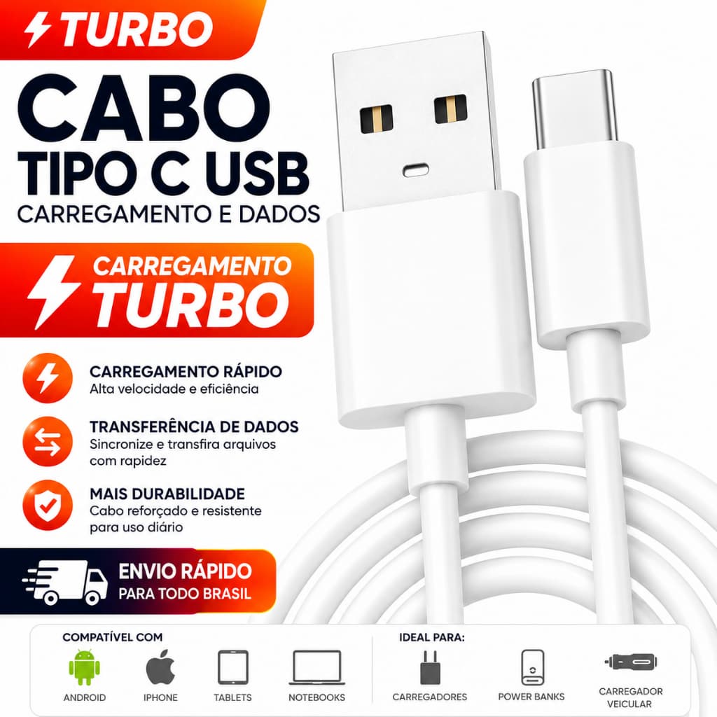 Cabo Carregador Turbo Tipo C USB Para Todos os Celulares TYPE C - ENTREGA RÁPIDA