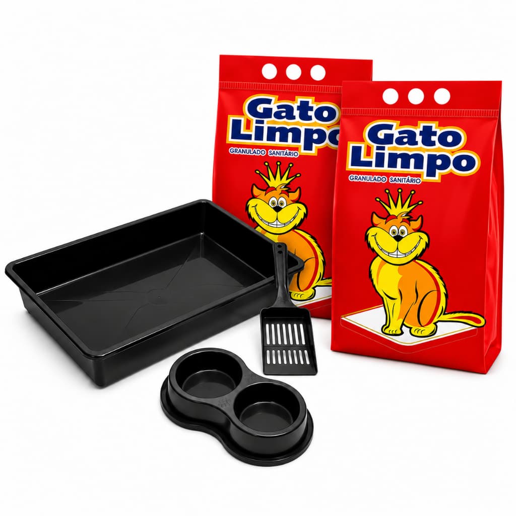 Kit Bandeja Higienica Para Gatos + Pa + Comedouro Bebedouro Resistentes Sanitaria + 2 Areia Sanitaria Gato Limpo 4Kg