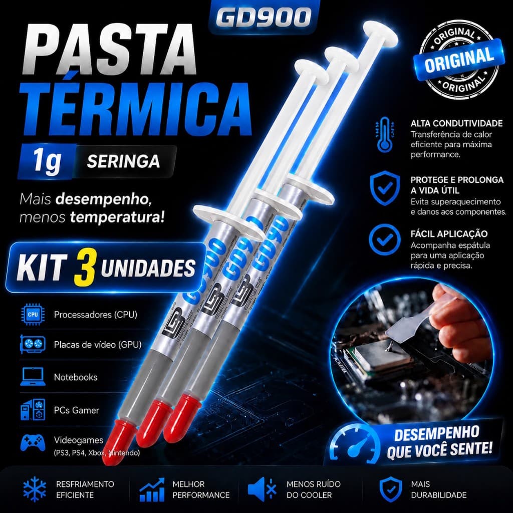 Kit 3 Unidades Pasta Térmica Prata GD900 Seringa 1g Para Processador Xbox PS2 PS3 PS4 Notebook Placa de Vídeo PC Gamer