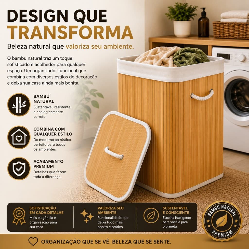 Cesto de Roupas Suja Dobrável Organizador Forrado 70L Bambu: Grande Cesto Retangular Quarto, Banheiro