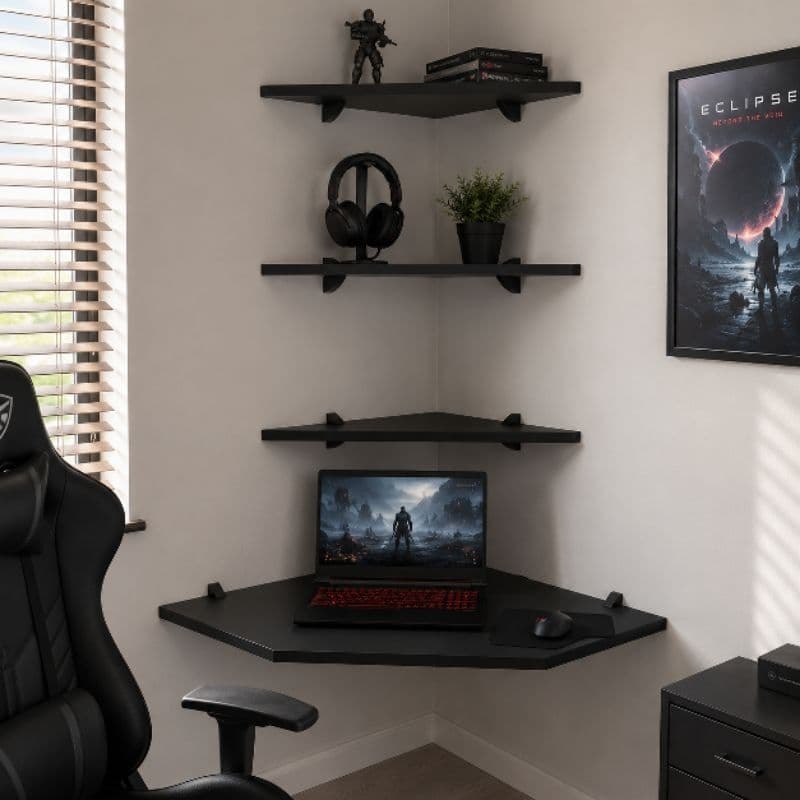 Kit Mesa Gamer de Canto Suspensa com 3 Prateleiras para Notebook Home Office MDF 15mm