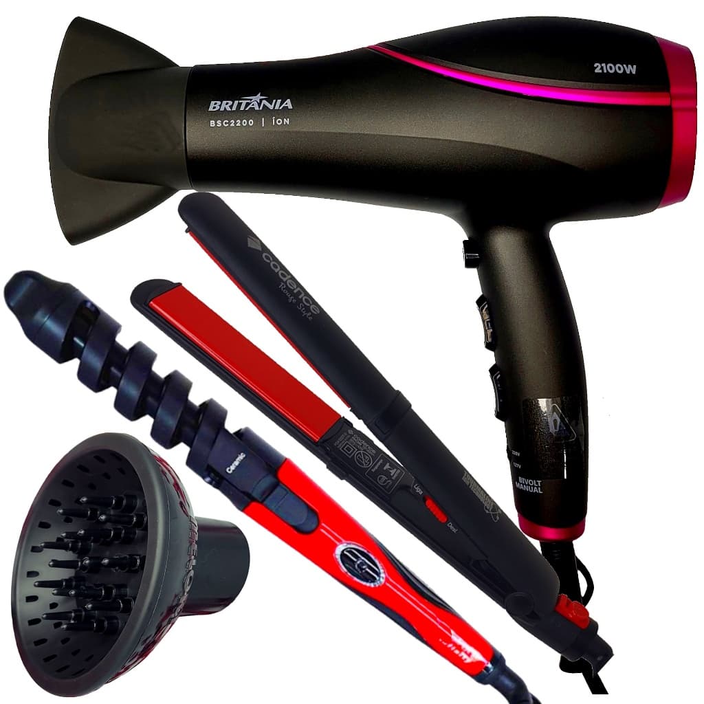 Secador De Cabelo Britania 2100w Profissional Ar Quente Frio Bs22 Difusor Cachos Modelador Prancha Bivolt