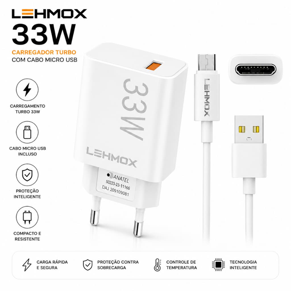 Carregador Lehmox 33W Turbo Power com Cabo Micro USB Fast Charge Android Samsung Motorola, LG, tablet, lanternas