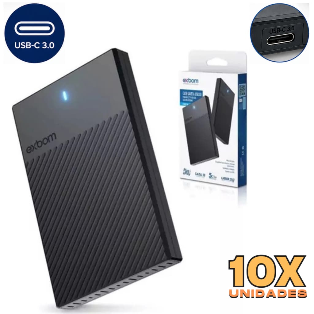 Kit Atacado Com 10 Unidades Da Case Externo Usb 3.0 Com LED Para HD/SSD 2.5 Sata 2 e 3 HD de até 5Tb